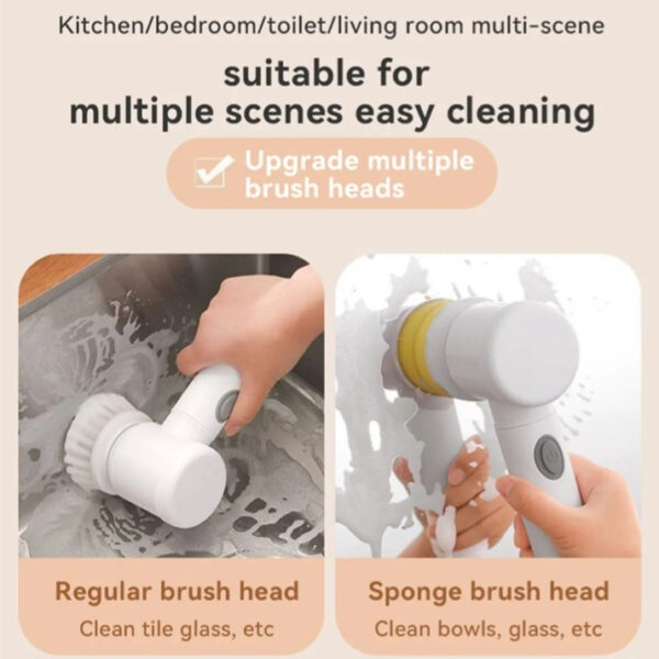 5 in1 Rechargeable Magic Brush | Car Waxing Handheld Scrubber | 360 Degree Rotate with 3 Replaceable Multipurpose Brush | Heads Kitchen Dishwashing Sponge Electric Cleaning BrushLow - Image 5